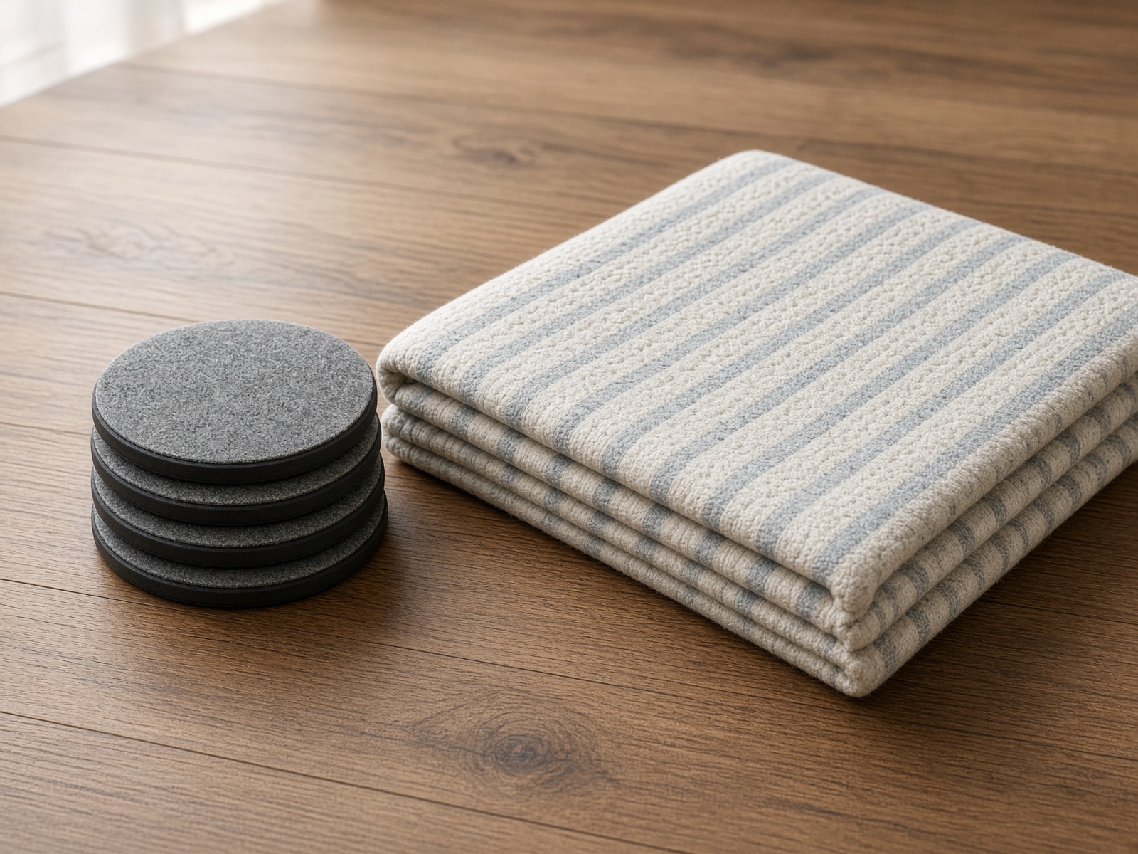 Pattini e coperta da trasloco sul pavimento